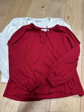 Bundle ! 2 LOFT Ribbed Tie-Front Tops in Red and  White / cream Medium